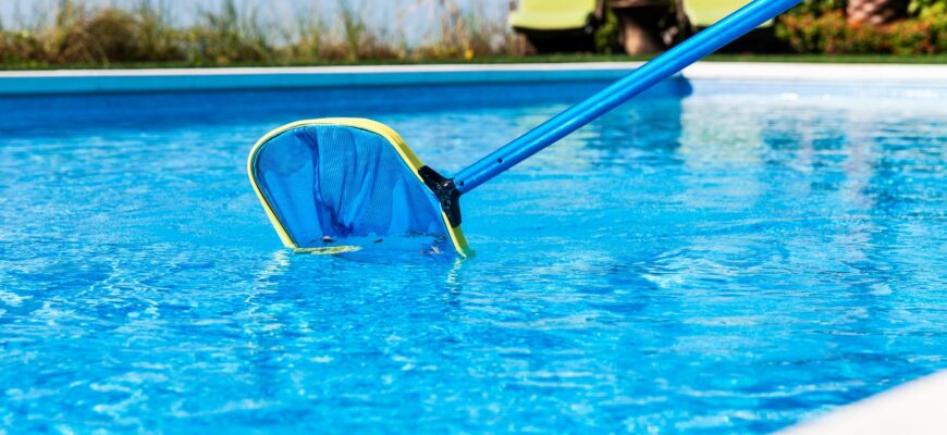 Leaves being gathered in a skimmer net found in a swimming pool